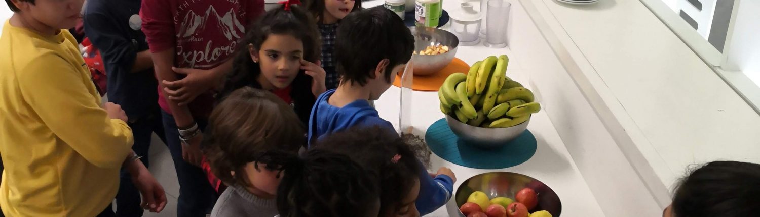 Children learn about health and nutrition while making a snack.